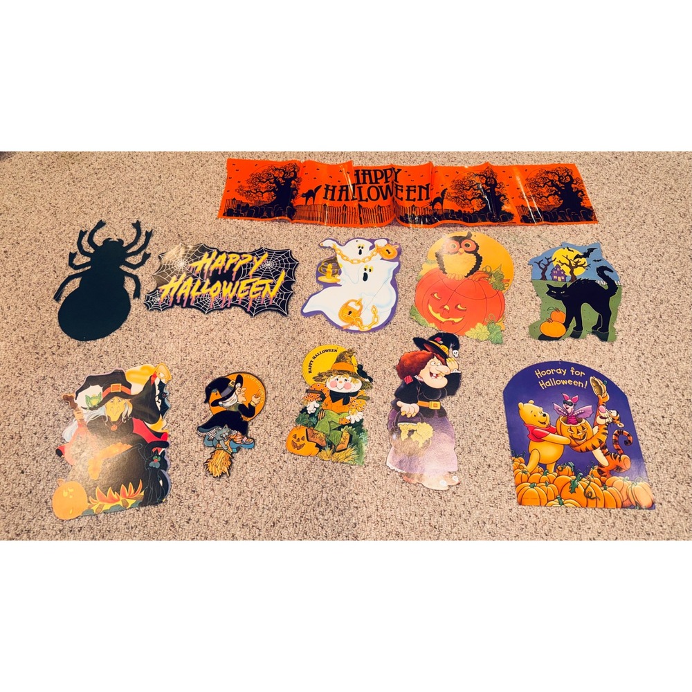 Vintage 1984 Halloween Cutouts Banner Lot Signsational Eureka Witches 11 Pc Lot